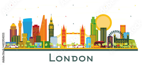 London UK City Skyline with Color Buildings Isolated on White.