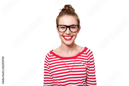 Fashion, glasses and college with portrait of woman on png for nerd, education and youth. Happy, smart and style with face of student isolated on transparent background for confidence and hipster