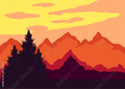 sunrise in mountains illustration flat background  © Artilution