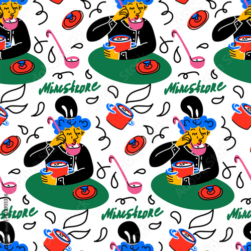 A pattern with a young abstract Italian chef, trying soup. Modern bright style. The character tries from a saucepan for a juicy design of the menu of a pastry shop, cafe, restaurant. Packaging