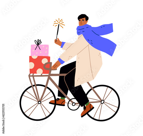 Man cycling on Christmas holiday. Person riding bicycle with gift boxes, holding sparkler after Xmas eve shopping on winter season vacation. Flat vector illustration isolated on white background