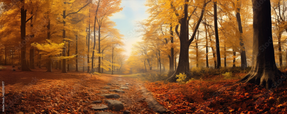 Autumn forest scenery, wide banner.