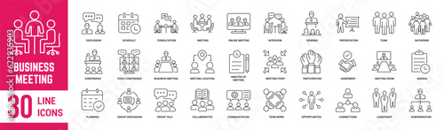 Business Meeting thin line icons set. Business Meeting, conference, discussion, presentation team, seminar, interview, assembly and agreement. Vector illustration