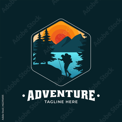 Vintage modern adventure logo with view of people climbing mountains, river and pine trees. Suitable for logos of adventurers, nature lovers, mountaineers, brands, and others.