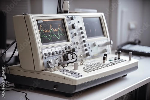 Close up echocardiography (ultrasound) machine monitor. Hospital equipment for a better diagnostics. Selective focus, created with Generative AI