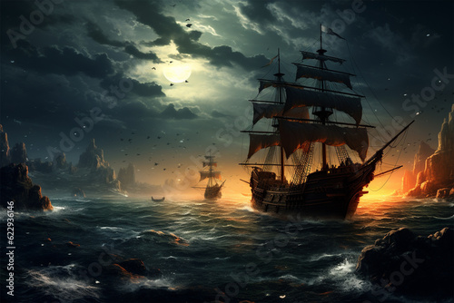 ship in the sea at nigh generative ai