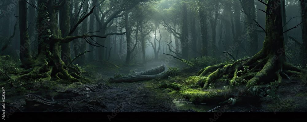 Fototapeta premium Magic forest in dark background. wide banner