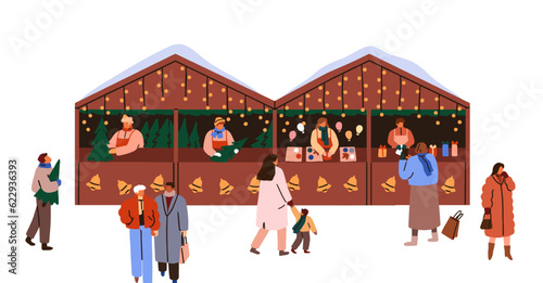 People shopping at Christmas market. Outdoor stalls, festive kiosks, winter h...