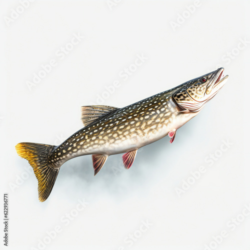 Northern pike fish on white background. 3D illustration digital art design, generative AI