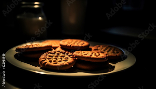 Freshly baked homemade chocolate chip cookies on a rustic wooden table generated by AI