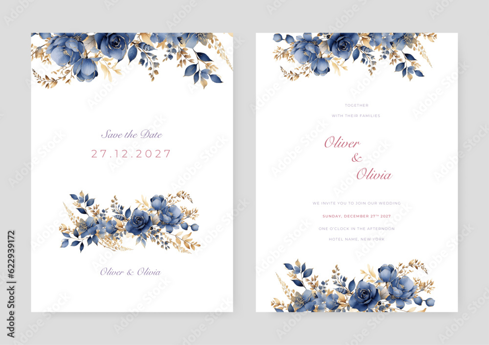 Dry rose Elegant golden brown watercolor flower wedding invitation design template