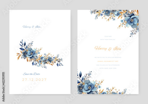 Watercolor wedding invitation template set with romantic purple violet floral and leaves decoration