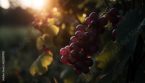 Grapevine growth, ripe fruit, fresh harvest, nature beauty in winemaking generated by AI