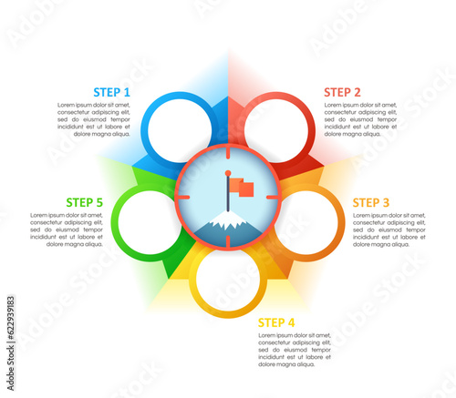 Make life plan infographic chart design template. Abstract infochart with copy space. Instructional graphics with 5 step sequence. Visual data presentation. Calibri Bold, Questrial Regular fonts used