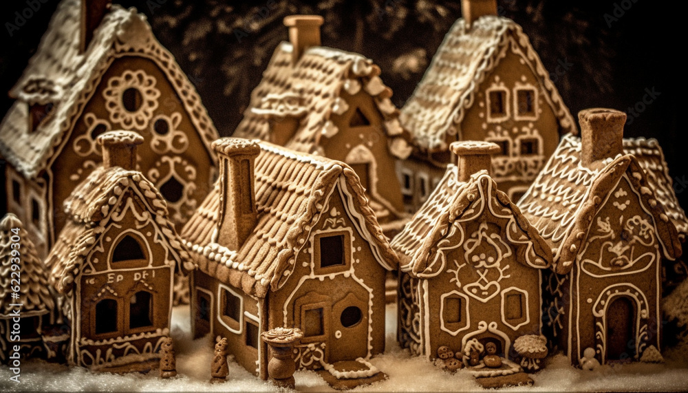 Homemade gingerbread house, winter decoration, snowflake icing, sweet gingerbread cookie generated by AI