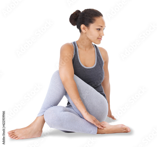 Konstfotografi Woman, profile and yoga for zen exercise, workout or training isolated on a transparent PNG background