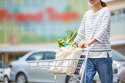エコバッグに入れた食材をカートで運んでる女性