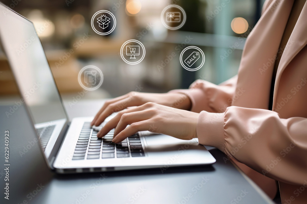 Hands of a woman shopping online on a laptop, Generative AI Hands of a woman shopping online on a laptop, Generative AI