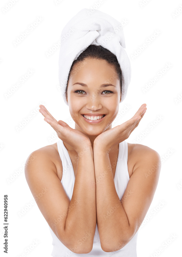 Portrait, happy or woman cleaning, morning routine or smile for facial skincare, hygiene or shower for self care grooming. Bathroom, beauty face or person wash isolated on transparent, png background Portrait, happy or woman cleaning, morning routine or smile for facial skincare, hygiene or shower for self care grooming. Bathroom, beauty face or person wash isolated on transparent, png background