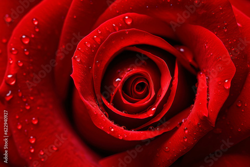 Close up of a full frame red rose with water droplets  Generative AI