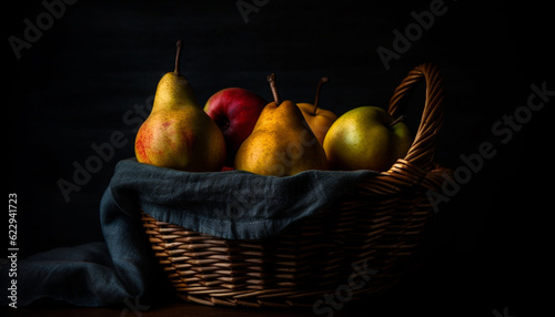 Fresh organic fruit on a rustic wicker table, a healthy snack generated by AI