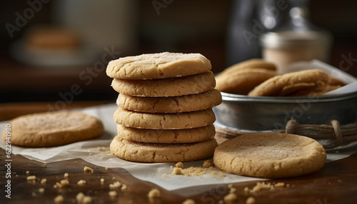 Homemade chocolate chip cookies on rustic wooden table, indulgent dessert generated by AI