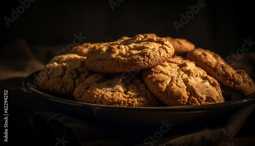 A stack of homemade chocolate chip cookies on a rustic table generated by AI