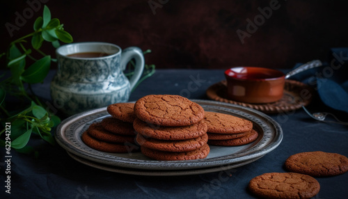 Stack of homemade chocolate chip cookies on rustic wooden table generated by AI