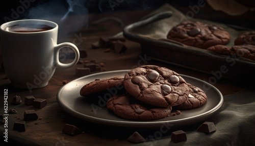 Homemade chocolate chip cookies on rustic wooden table, irresistible indulgence generated by AI