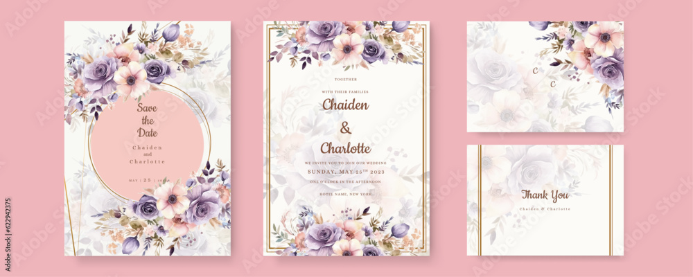 Watercolor wedding invitation template set with romantic pink floral and leaves decoration