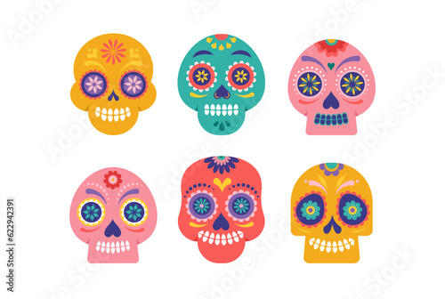 Colorful skulls, Mexican sugar skulls for Day of the dead, dia de los muertos. Vector illustration