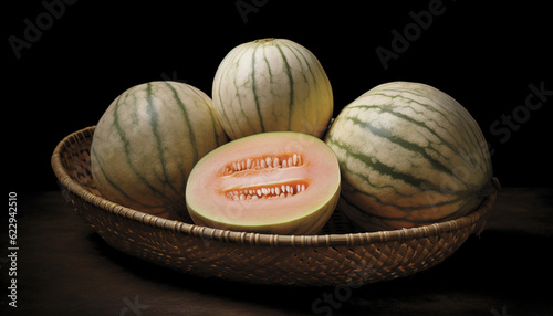 Freshness of nature bounty: ripe, sweet melon on wooden table generated by AI