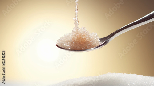 a spoonful of white sugar. a silver metal spoon with white sugar on it. ambient background