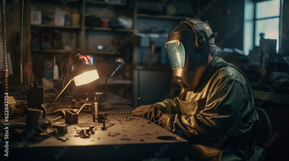 Welder's Safety Gear: Protecting Workers in Metal and Steel Industries with Masks and Spark-Proof Equipment, generative AI