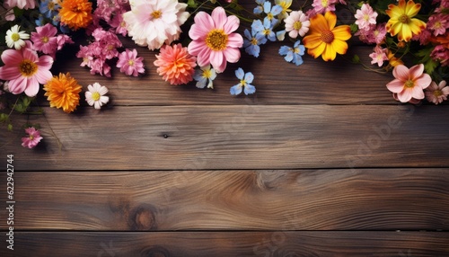 Colorful flowers on wooden background. Top view with copy space.