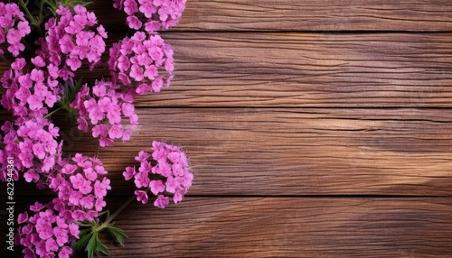 Pink phlox flowers on wooden background. Top view with copy space