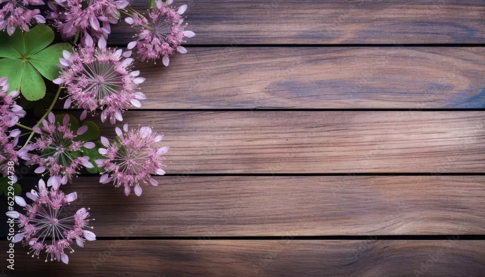 Clover flowers on wooden background. Top view with copy space. Clover flowers on wooden background. Top view with copy space.