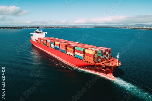 A huge container ship stacked with containers. Great for stories on logistics, economy, shipping, trade, maritime etc.