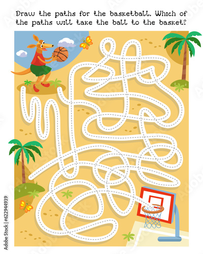 Maze game, activity for children. Draw paths for the ball. Which path will the ball take to get to the basket? Vector illustration. Cute kangaroo playing basketball. Animals and sports. 