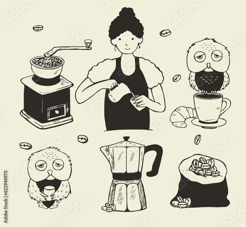 girl barista prepares coffee vector sketch. set coffee vector. owl on mug and croissant vector freehand drawing