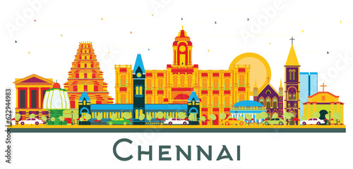 Chennai India City Skyline with Color Landmarks Isolated on White.