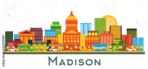 Madison Wisconsin City Skyline with Color Buildings Isolated on White.