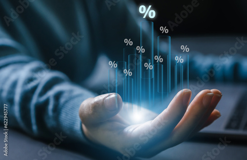 Human holding percent interest rates business financial investment, business growth, money, stock market, chart, interest rate, investment, funds, percent commission, banking, marketing, profit