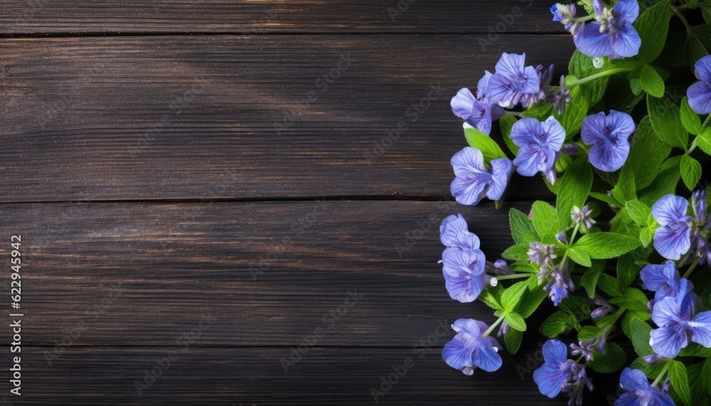 Purple flowers on wooden background. Top view with copy space. Purple flowers on wooden background. Top view with copy space.