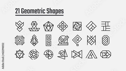 Simple decorative ethnic geometric shapes design set. Collection of tribal decor. Editable figures for poster decoration. Pack with trendy graphic elements. Creative and customizable icons
