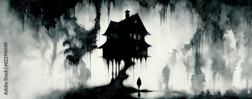 Enigmatic Enchantments: Stephen Gammell's Sinister Watercolors Unveil a Black and White World of Shadowy Creatures, Dripping Horrors, Infected Swamps, and an Eerily Decaying House photo