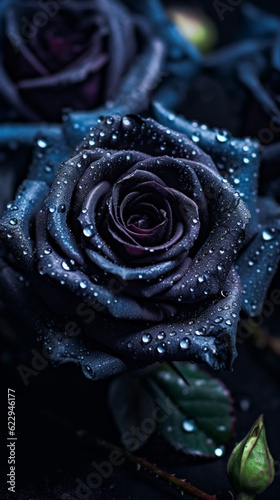 Dark blue rose with water droplets