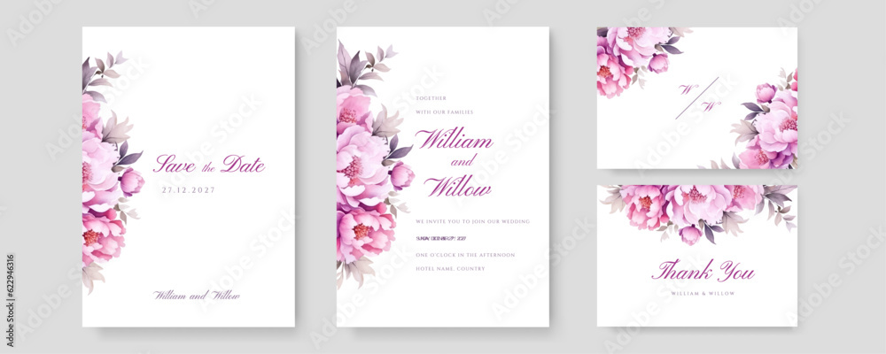 wedding invitation card template with white rose bouquet wreath leave watercolor painting