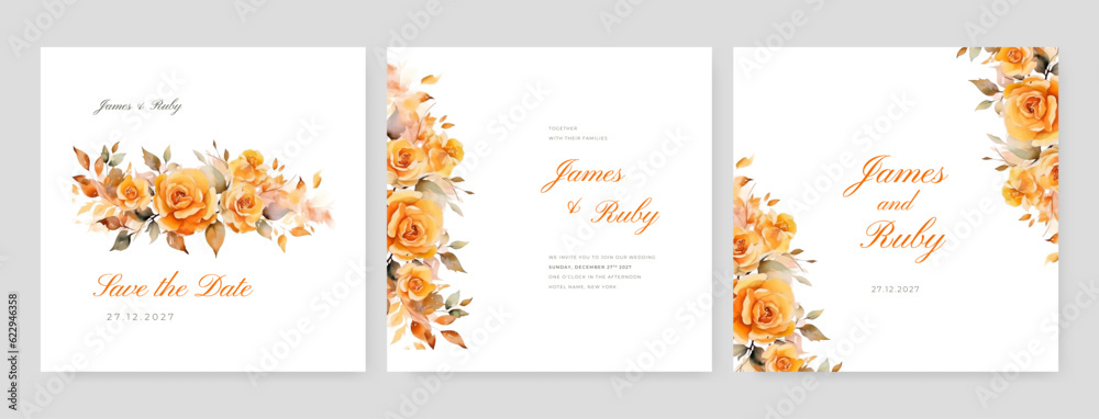 Naklejka premium Wedding invitation set with beautiful flowers and leaves