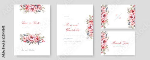 Floral wedding invitation template with brown sakura flowers and leaves decoration. Botanic card design concept